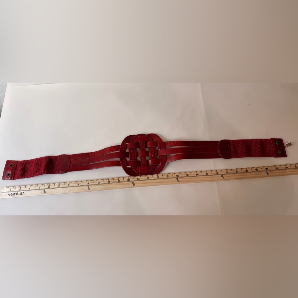 French Connection Red Leather Chinese Knot Belt | Elastic Waist Statement Belt - Picture 5 of 5